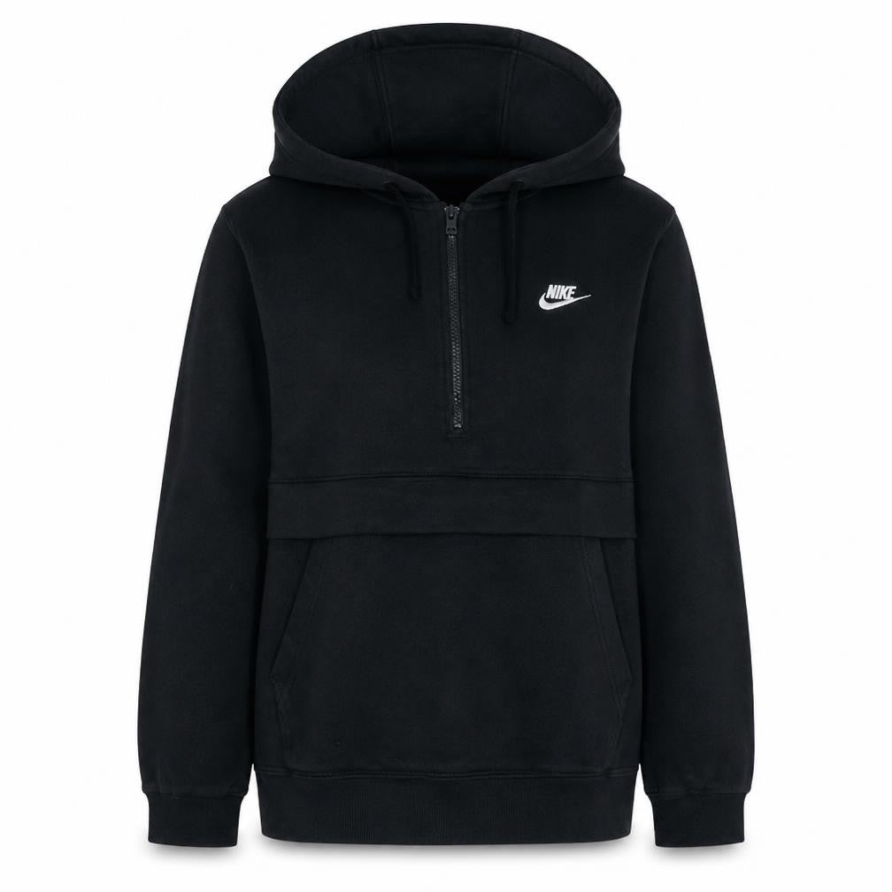 Front view of Nike women’s black 1/2 zip hoodie, size L, cotton blend pullover