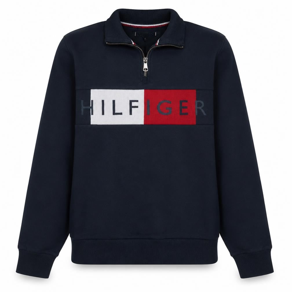 Front view of Tommy Hilfiger Men’s Blue 1/2 Zip Logo Jumper, size M