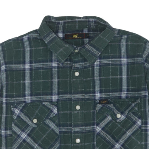 Lee Men's Green Check Flannel Button-Up Shirt Size L Long Sleeve