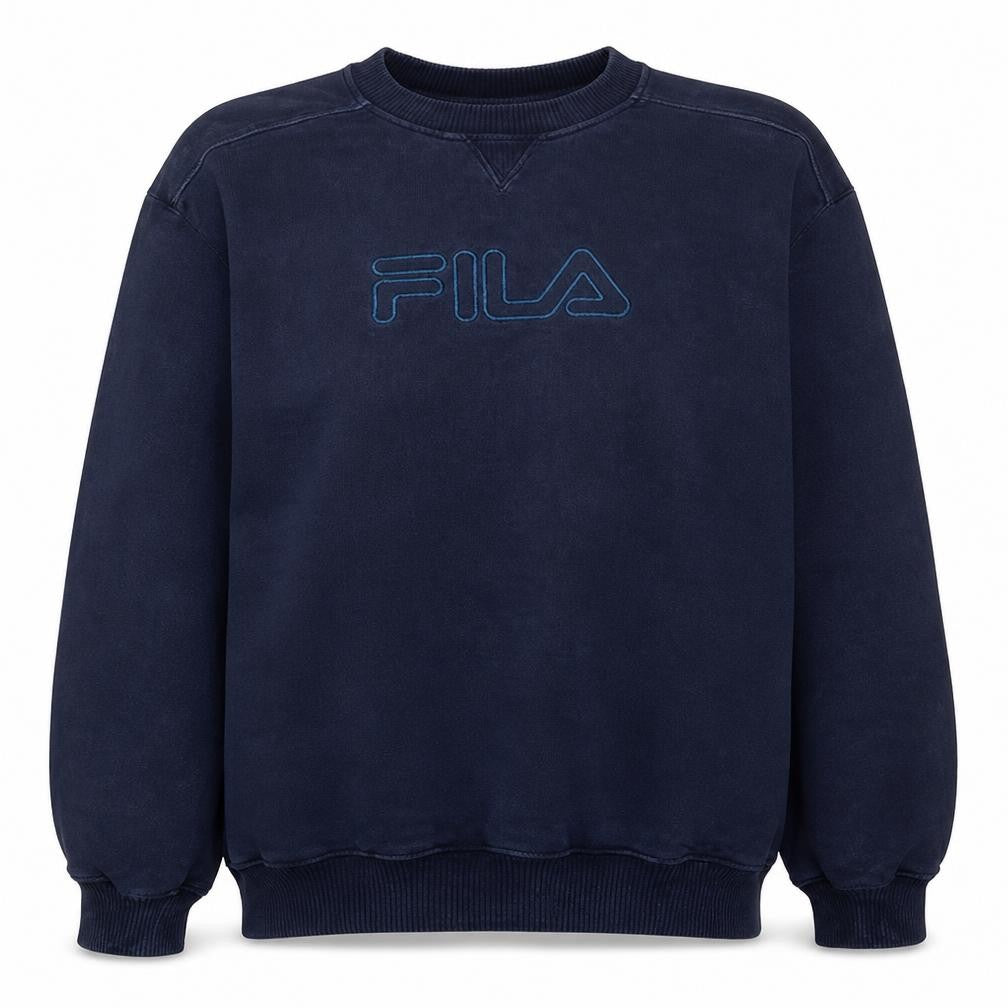 Front view of Fila Women’s Navy Blue Pullover Sweatshirt, size L, Crew Neck Vintage