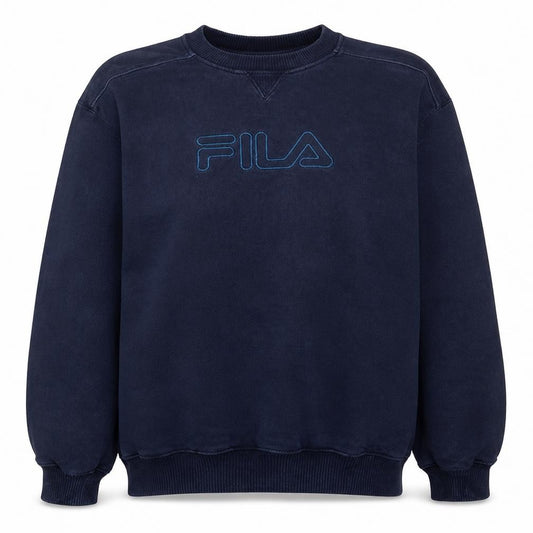Front view of Fila Women’s Navy Blue Pullover Sweatshirt, size L, Crew Neck Vintage
