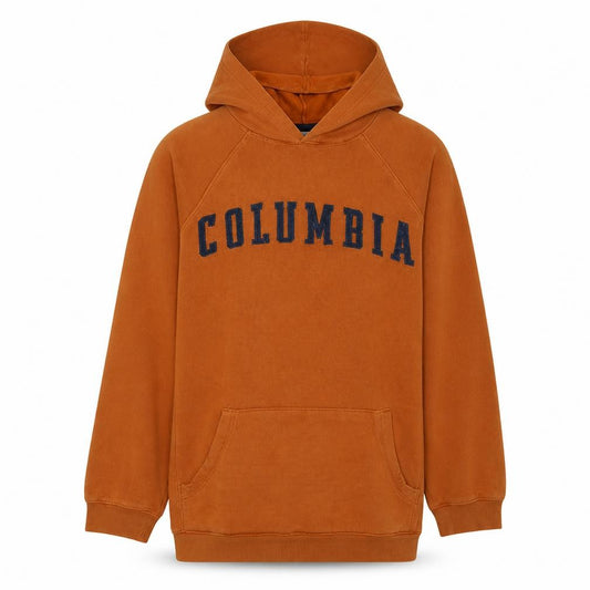Front view of Columbia boys’ orange xl pullover fleece hoodie with logo and pockets