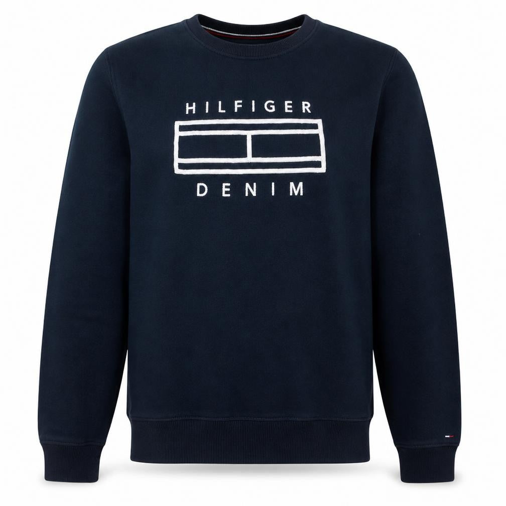 Front view of Tommy Hilfiger Denim Men's Navy Blue Crew Neck Sweatshirt M