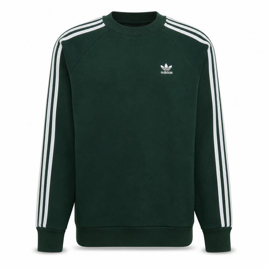 Front view of Adidas men’s green xs crew neck sweatshirt with logo stripe design