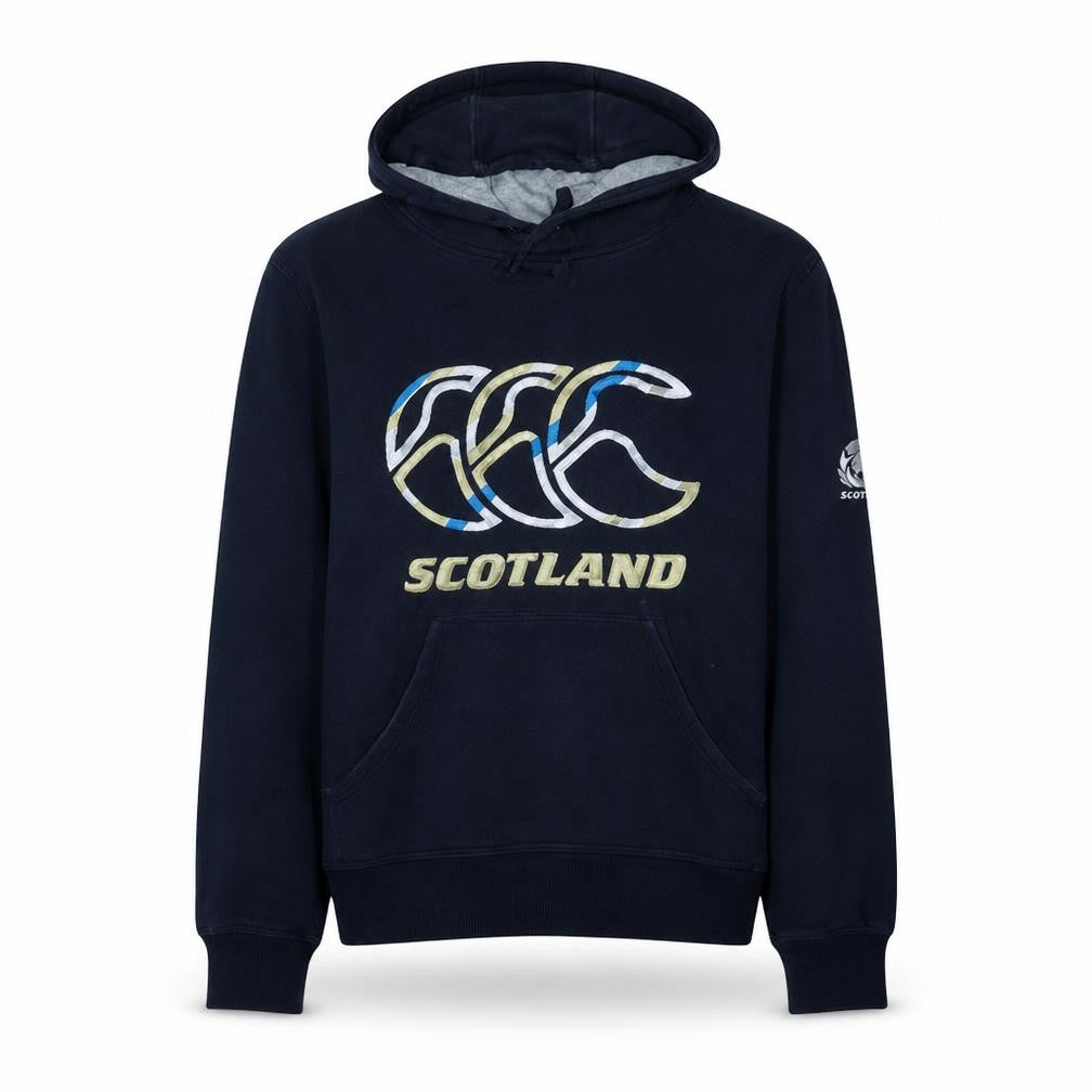 Front view of Canterbury Scotland men’s blue pullover hoodie, size S, rugby sweatshirt