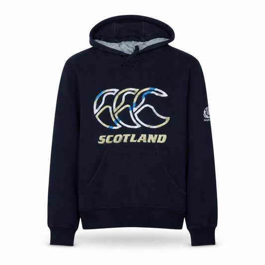 Front view of Canterbury Scotland men’s blue pullover hoodie, size S, rugby sweatshirt