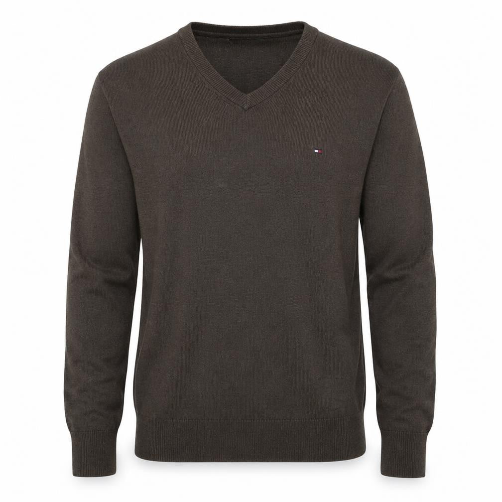 Front view of Tommy Hilfiger Men's Brown V-Neck Cotton Wool Jumper, size M