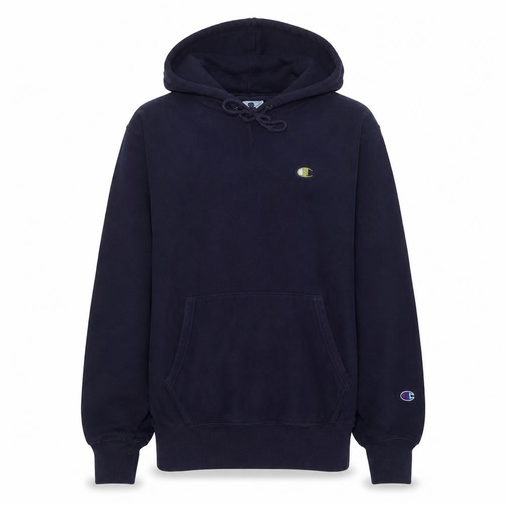 Front view of Champion women’s navy reverse weave pullover hoodie, size M, cotton blend