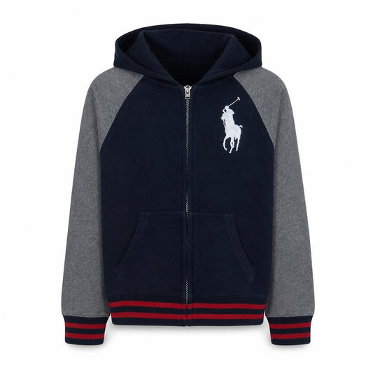 Front view of Ralph Lauren boys’ blue full zip hoodie, size 14-16, years cotton blend