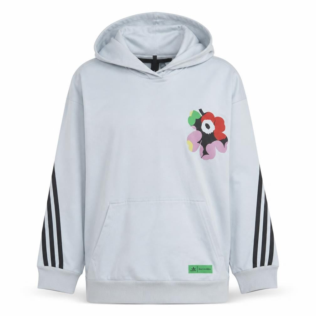 Front view of Adidas Women White Pullover Hoodie, size S, Graphic Flower Design