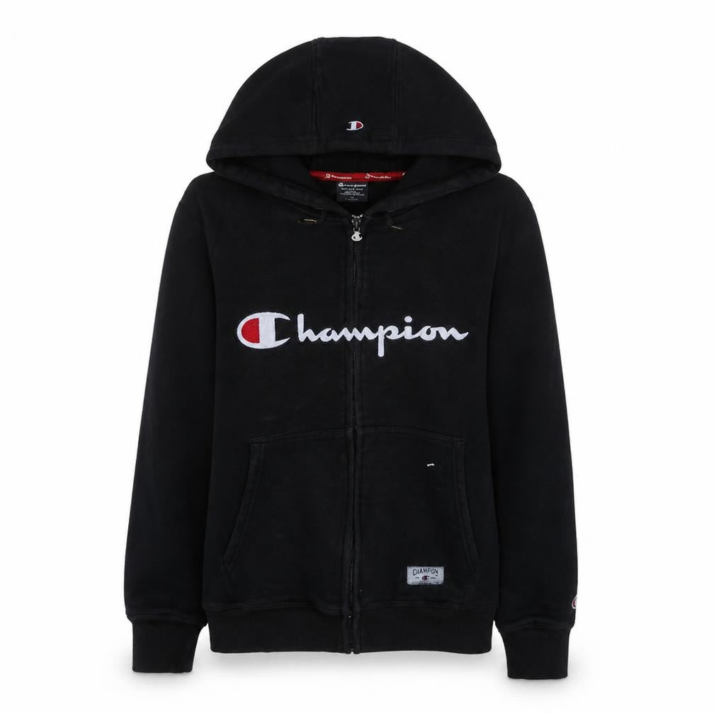 Front view of Champion Men's Black Full Zip Hoodie Small Embroidered Logo