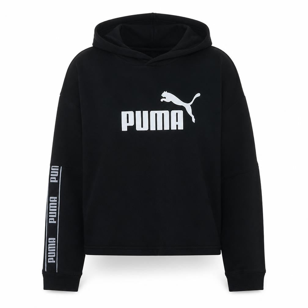 Front view of PUMA women’s black l pullover hoodie logo print cotton blend
