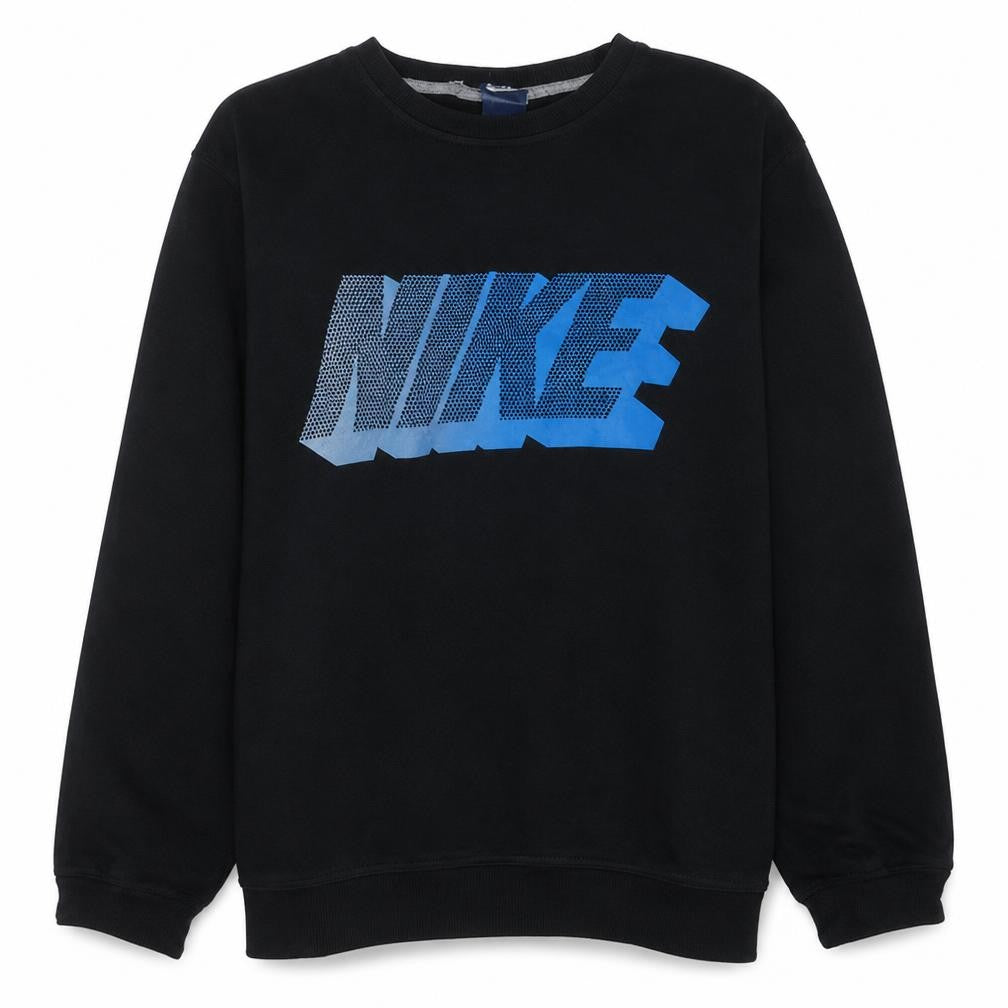Front view of Nike women’s black blue logo pullover sweatshirt, size L, cotton blend