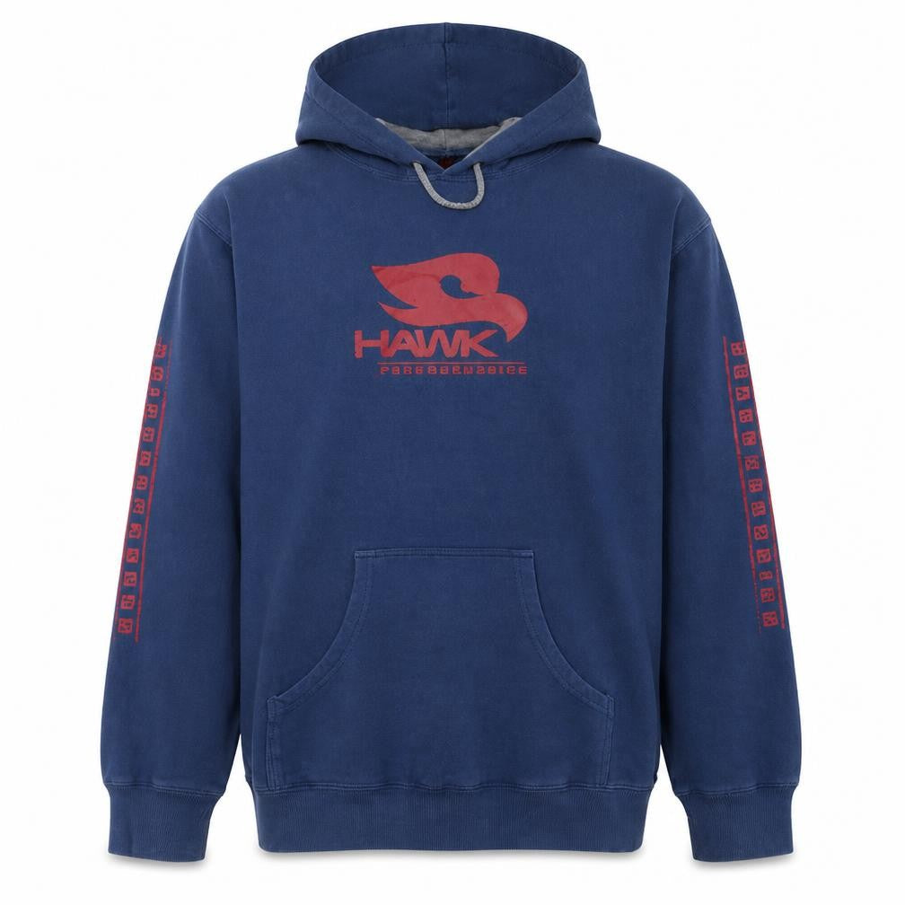 Front view of Hawk men’s blue pullover hoodie l fleece graphic skater sweatshirt