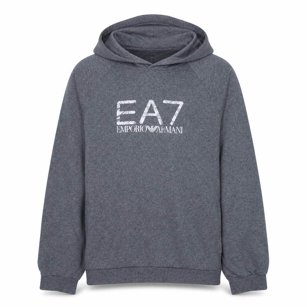 Front view of Emporio Armani EA7 Women's Grey Pullover Hoodie, size 12, Cotton Blend