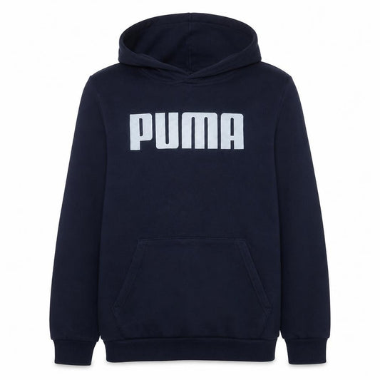 Front view of Puma men’s blue pullover hoodie large logo sports fleece