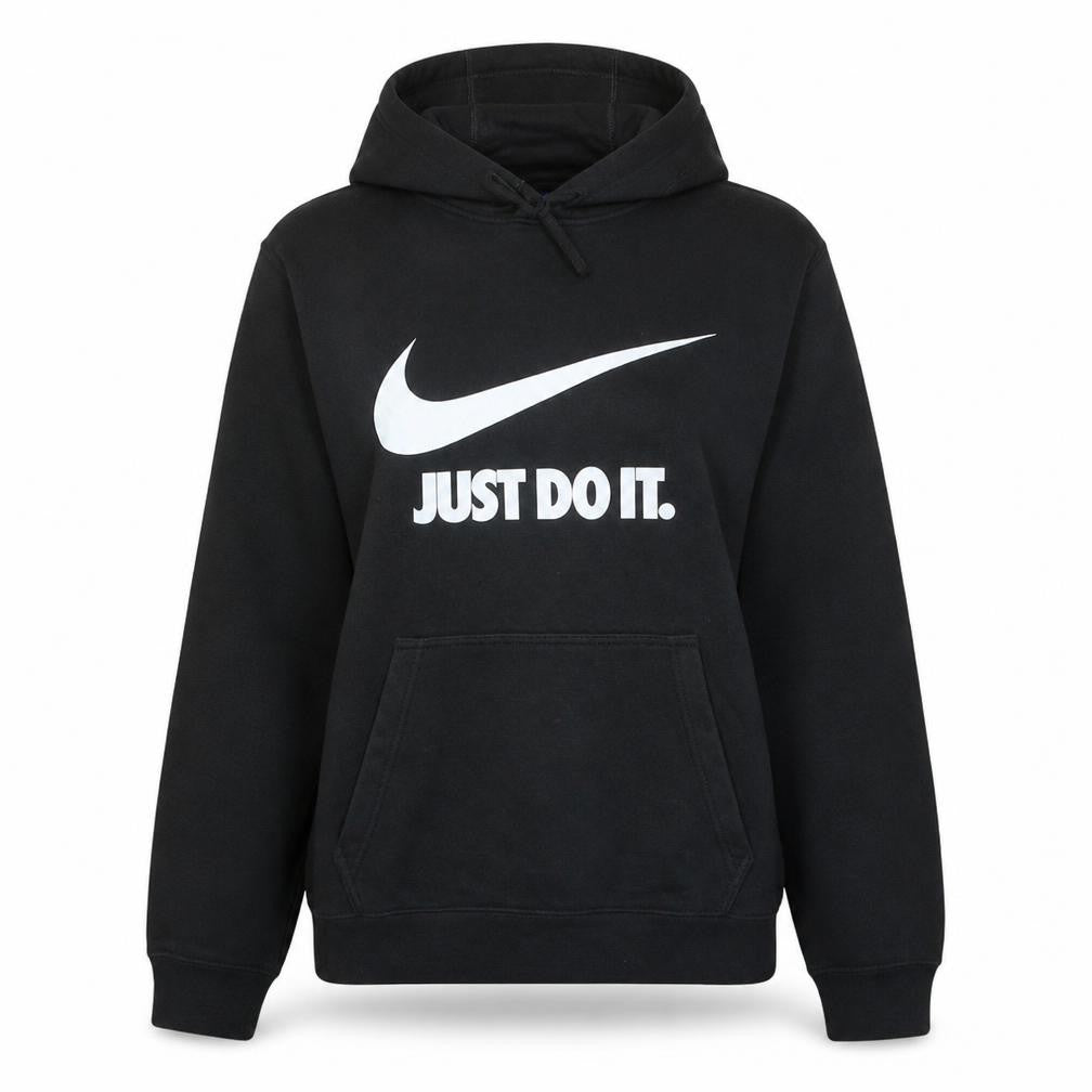 Front view of Nike Women's Black Medium Pullover Hoodie 'Just Do It' Logo Sweatshirt