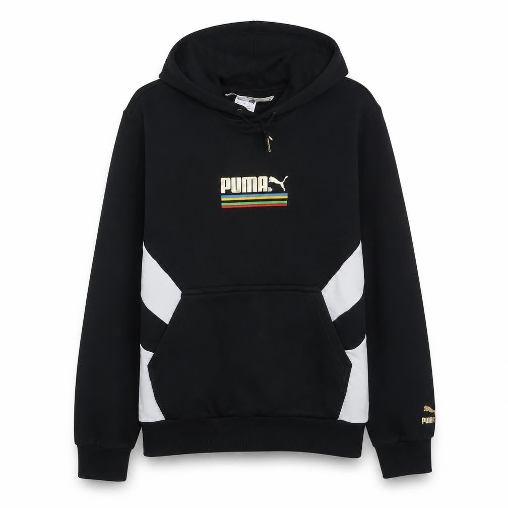 Front view of Puma Men's Black Pullover Hoodie M Gold Logo Fleece Sweatshirt