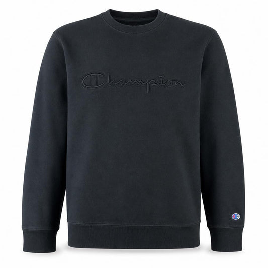Front view of Champion men’s black m pullover sweatshirt embroidered logo crew neck