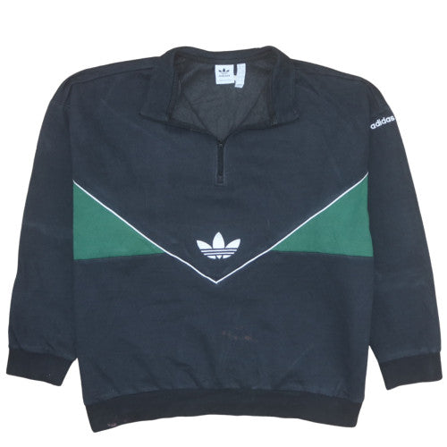 Adidas Women Black Green 1/4 Zip Sweatshirt XL Relaxed Fit Retro Style