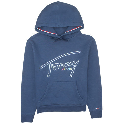 Tommy Jeans Women's Blue XS Pullover Hoodie Cotton Blend Logo Sweatshirt