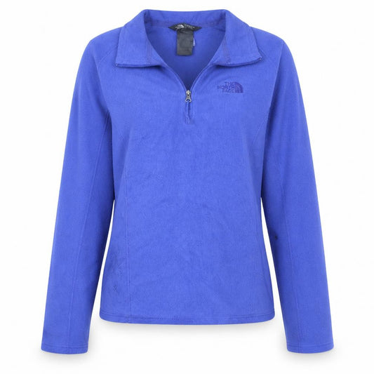 Front view of The North Face women’s blue fleece pullover sweatshirt, size M, 1/2 zip