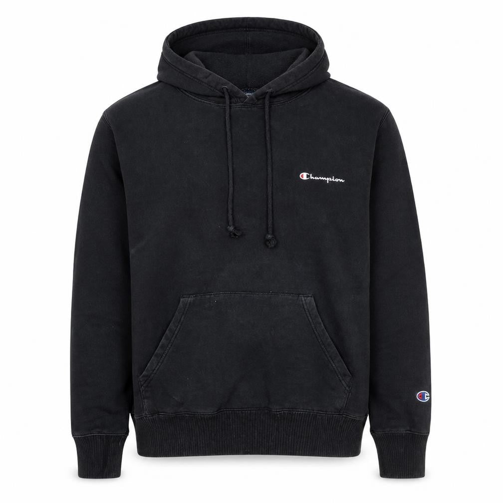 Front view of Champion Men's Black XL Pullover Hoodie with Logo and Kangaroo Pocket
