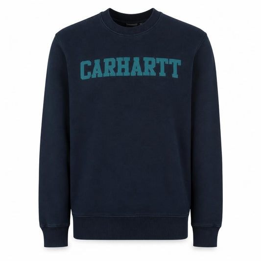 Front view of Carhartt Men's Blue College Crew Neck Sweatshirt, size S