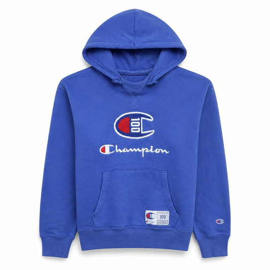 Front view of Champion Men's Blue Medium Pullover Hoodie Sweatshirt