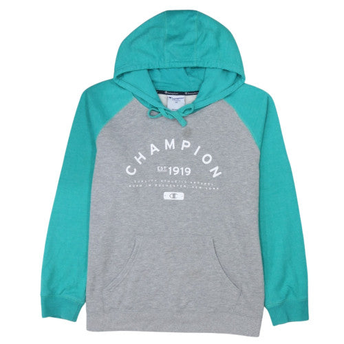 Champion Men's Grey & Teal Pullover Hoodie 2XL Graphic Print