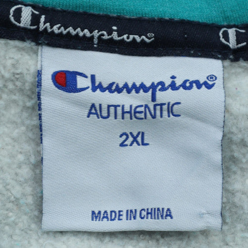 Champion Men's Grey & Teal Pullover Hoodie 2XL Graphic Print