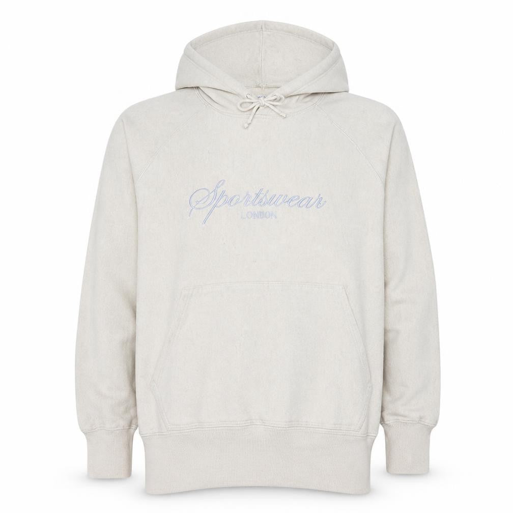 Front view of Puma Men's Beige Pullover Hoodie, size S, Embroidered Sportswear