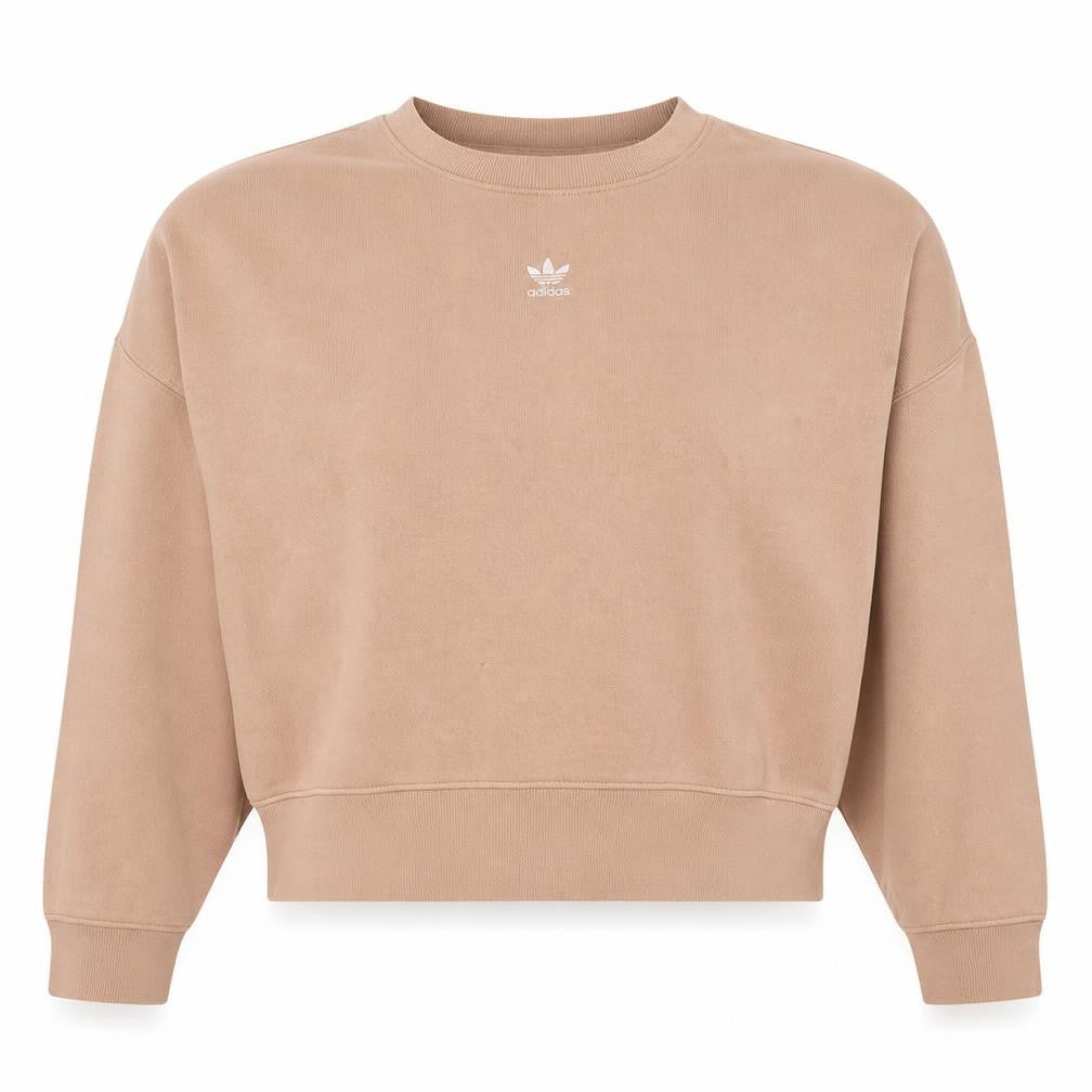Front view of Adidas women’s beige crew neck pullover sweatshirt, size UK 10