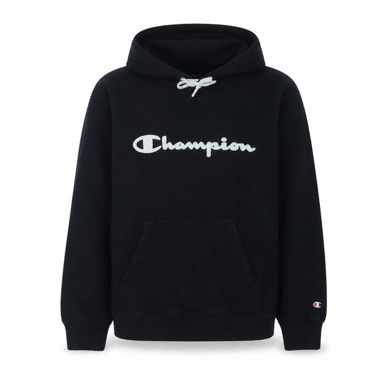 Front view of Champion women’s black large pullover hoodie with logo detail
