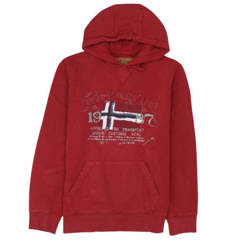 Napapijri Mens Red Pullover Hoodie L Embroidered Logo Fleece