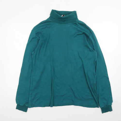 Manhattan Men's Green Roll Neck Long Sleeve Cotton T-Shirt L Vintage