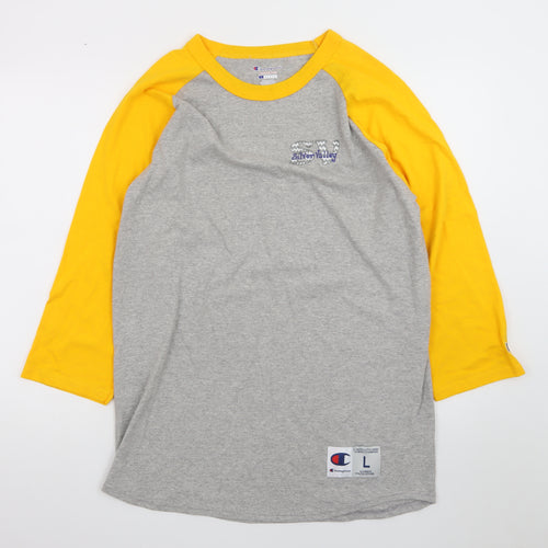 Champion Men's Grey Yellow 3/4 Sleeve Raglan T-Shirt Size L