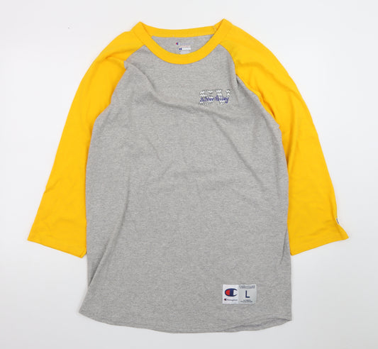 Champion Men's Grey Yellow 3/4 Sleeve Raglan T-Shirt Size L
