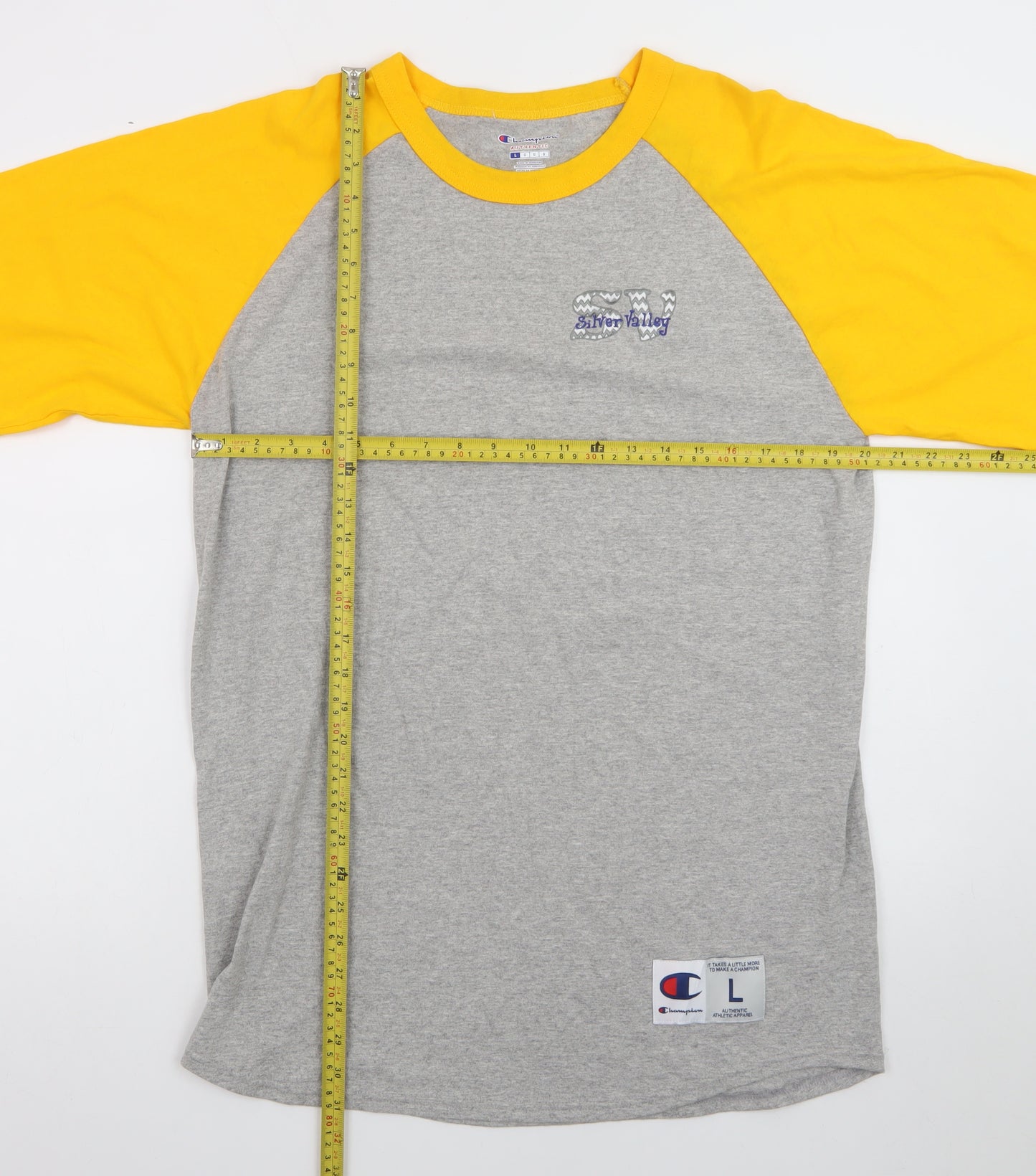 Champion Men's Grey Yellow 3/4 Sleeve Raglan T-Shirt Size L