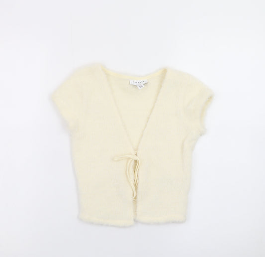 Topshop Women Ivory Petite Size 4 Fuzzy Tie Front V-Neck Cardigan