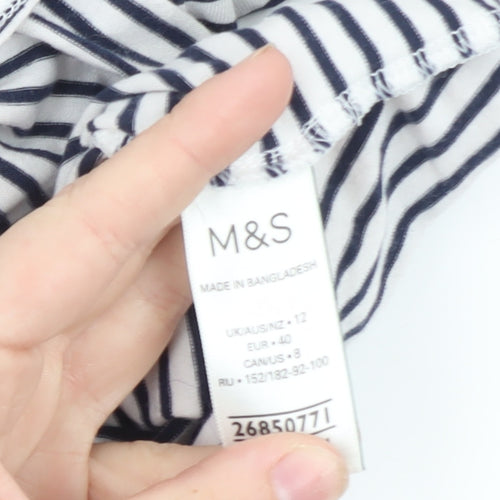 Marks and Spencer Women's White Striped 3/4 Sleeve Cotton T-Shirt Size 12