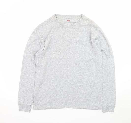 Hanes Men’s Grey Long Sleeve Crew Neck Pocket T-Shirt Size M