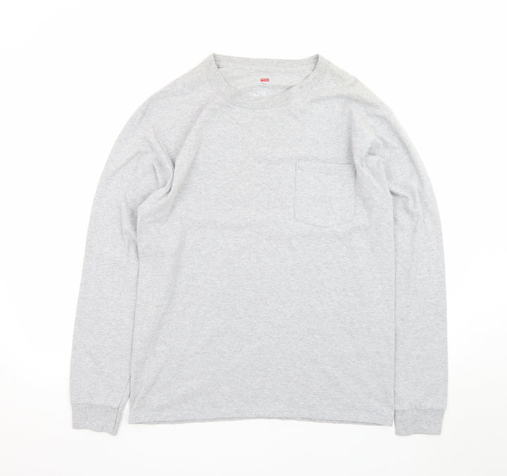 Hanes Men’s Grey Long Sleeve Crew Neck Pocket T-Shirt Size M