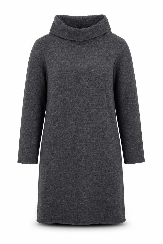 Front view of Warehouse Women’s Grey Knit Roll Neck Shift Dress, size UK 10