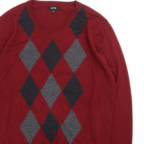 APT.9 Men's Red Argyle V-Neck Knit Pullover Jumper Size L