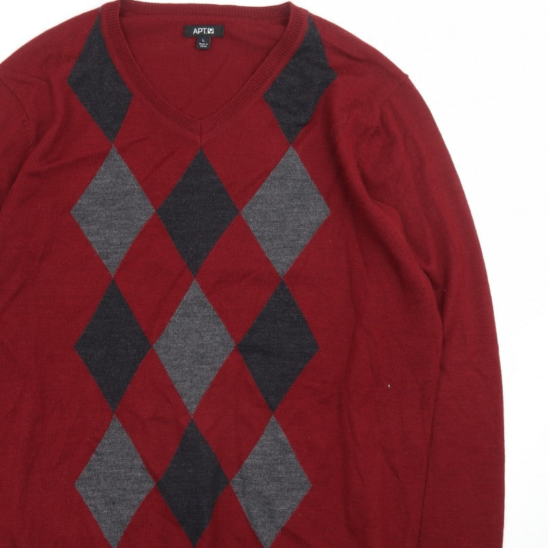 APT.9 Men's Red Argyle V-Neck Knit Pullover Jumper Size L