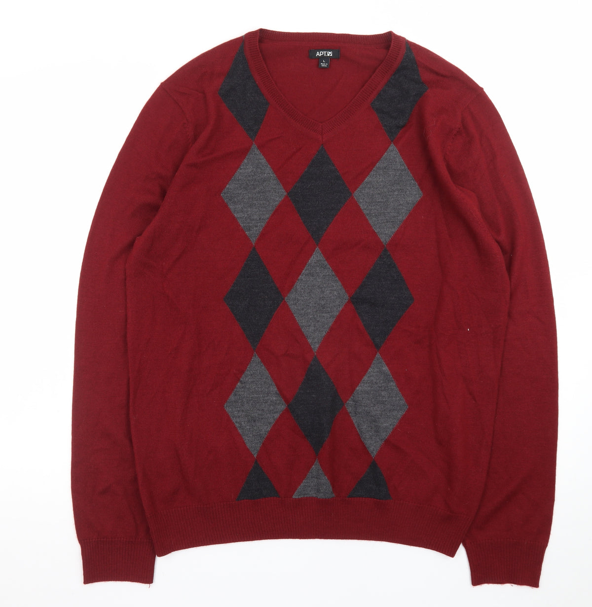 APT.9 Men's Red Argyle V-Neck Knit Pullover Jumper Size L