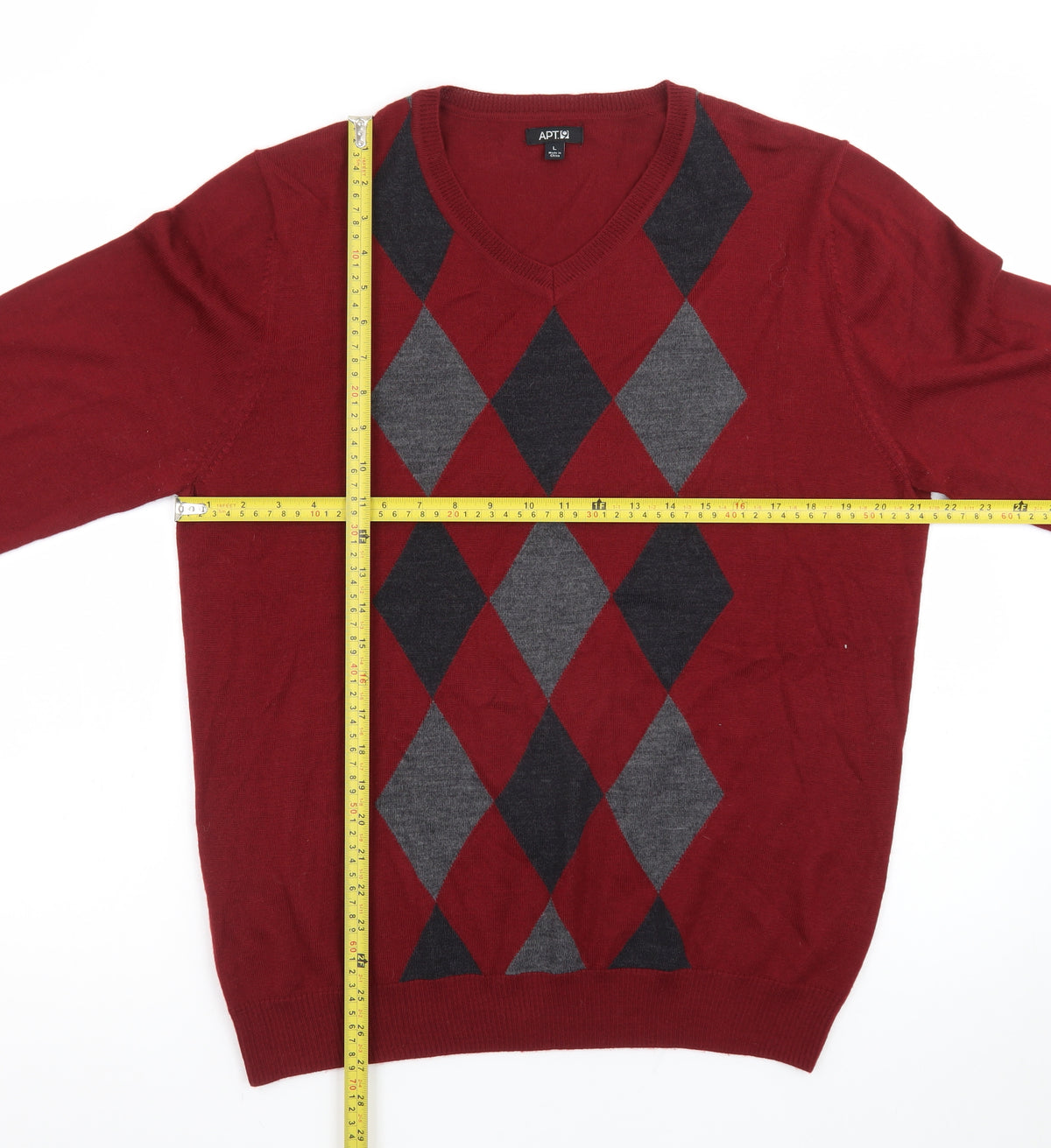 APT.9 Men's Red Argyle V-Neck Knit Pullover Jumper Size L