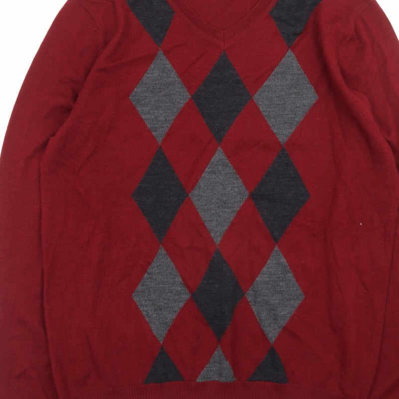 APT.9 Men's Red Argyle V-Neck Knit Pullover Jumper Size L