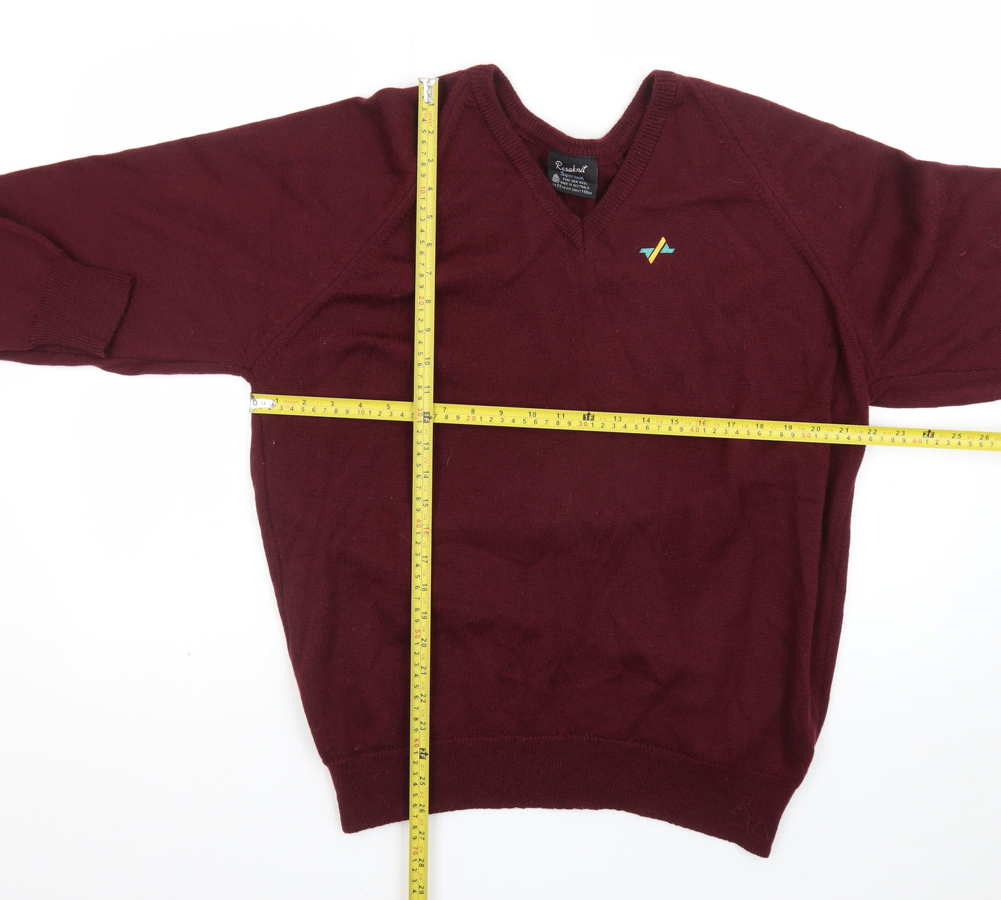 Resaknit Men Red Wool V-Neck Pullover Jumper XL